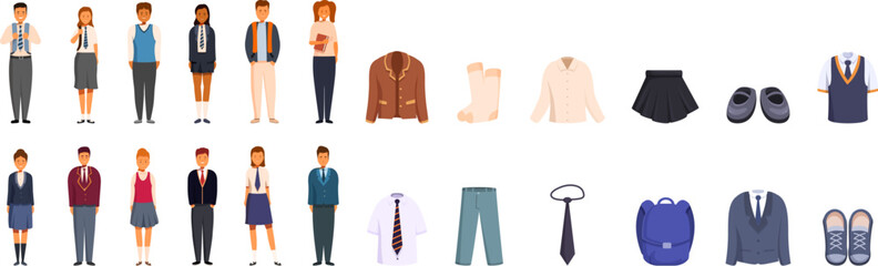 Back school outfit icons set. Diverse group of smiling students wearing various school uniform styles, showcasing a range of fashionable and inclusive clothing options © nsit0108