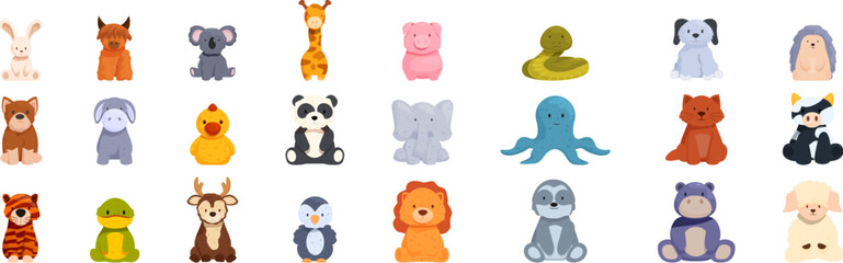 Plush animals icons set. Wide variety of cute stuffed animals representing different species, perfect for children s play or collecting