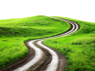 A winding dirt road curves through a lush green grassy hill under a dark sky isolated on transparent background