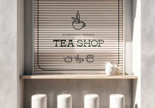 Minimal Shop Storefront Mockup with Closed Shutter and Stools