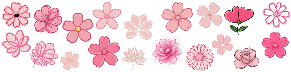 Pink flower icon set for spring graphics, feminine design, and decorative elements