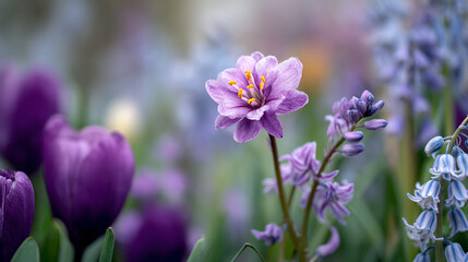 Fototapeta premium Close up of purple and blue flowers in a blurred garden setting view