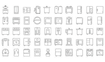 Obraz premium Vector art of a collection of kitchen appliance icons featuring ovens, refrigerators, and other home equipment, isolated on white background