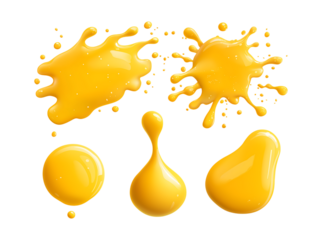 Splash of cheddar cheese with drip, melting sauce isolated on transparent png background. Cheese slice with liquid swirl for tasty food, pizza, snack ingredient.