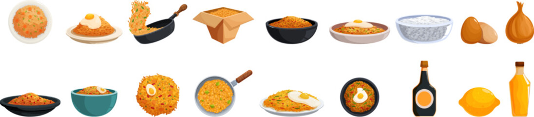 Egg fried rice icons set. Different preparations of nasi goreng, a popular indonesian dish, featuring fried rice, eggs, and various ingredients