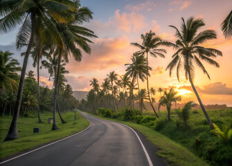Road to Paradise: A scenic road winds its way through a tropical paradise of swaying palm trees, leading towards a vibrant sunset over the horizon, perfect for travel destinations.