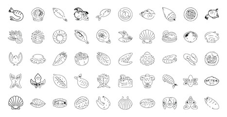 Vector art of a collection of seafood icons isolated on white background showcases a variety of marine life, perfect for culinary or nautical themes