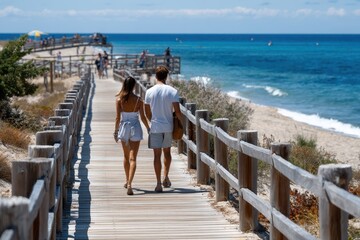 Couple walks hand in hand along wooden boardwalk by the beach on a sunny day
