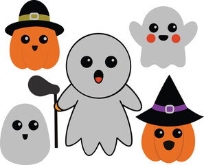 Obraz premium Cute Halloween Ghost Character Expressions Vector Set