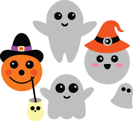 Fototapeta premium Cute Halloween Ghost Character Expressions Vector Set