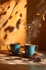 Warm Seasonal Coffee Setting with Steam, Beans, and Colored Leaves, Blue Coffee Mugs Surrounded by Roasted Beans and Autumn Foliage, creating a tranquil atmosphere for coffee lovers.