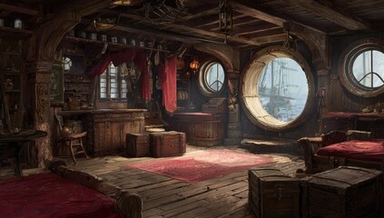 Pirate ship interior with round windows and wooden details