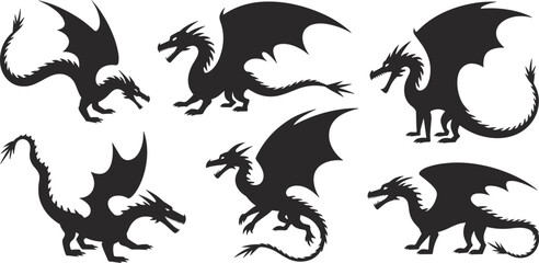  A comprehensive collection of black silhouettes of powerful winged dragons, a vector graphic set of mythical fantasy creatures, isolated on a clean white background.