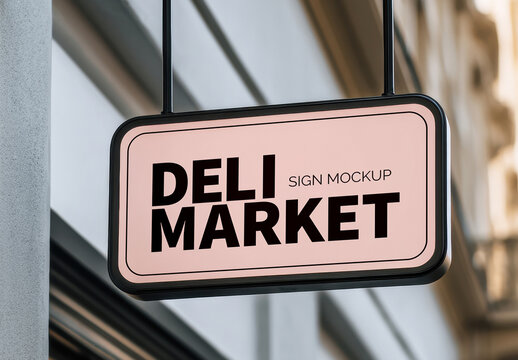 Hanging Rectangular Shop Sign Mockup on City Street