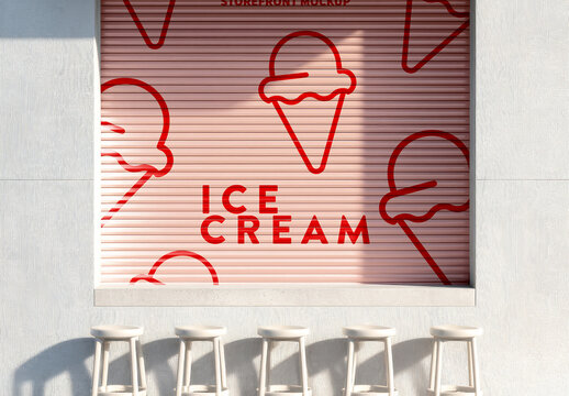 Street Shopfront Mockup with Stools and Closed Shutter