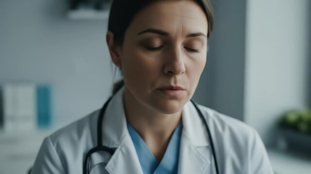 Emotional voice announces speech event.Female doctor announces serious speech medical event, showing concern and focus clinical healthcare environment with stethoscope, professional attire