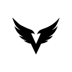 Letter V styled as flying bird in clean silhouette for freedom or motion themes