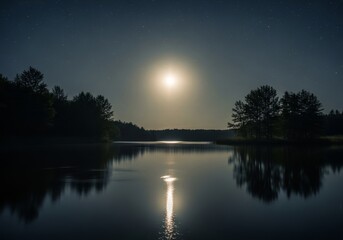 Obraz premium Serene Moonlit Lake at Night - Tranquil moonlit lake scene, reflecting stars and moon, symbolizing peace, serenity, mystery, nature, and reflection