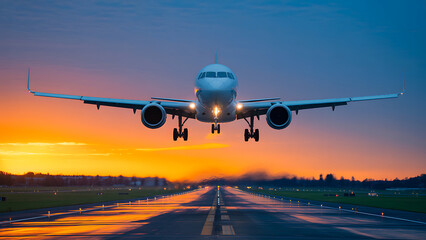 Fototapeta premium Airplane landing on a wet runway with a beautiful sunset background