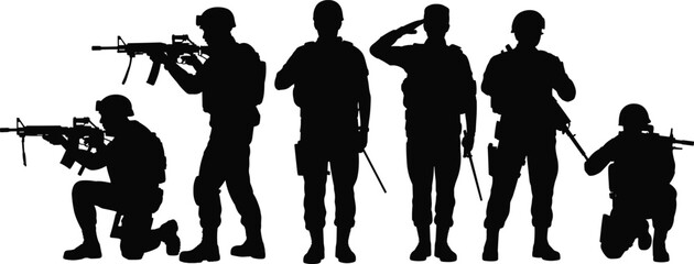  A comprehensive vector graphic set of black silhouettes depicting armed military soldiers, police, and security forces in various combat and tactical poses on a white background.