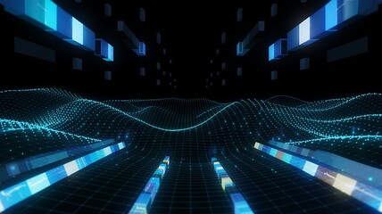 Immersive Digital Landscape With Flowing Blue Data Streams And Futuristic Neon Cityscape Elements In A Dark Futuristic Virtual Reality Environment