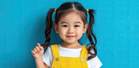 A cute little girl wearing yellow overalls, a white T-shirt, and pigtails, standing in front of a blue background.