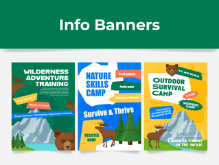 Vibrant survival camp information banner templates designed to attract outdoor enthusiasts to wilderness training.