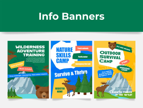 Vibrant survival camp information banner templates designed to attract outdoor enthusiasts to wilderness training.