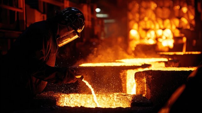 Worker pouring molten metal in a factory