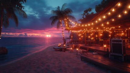 Tropical beach bar at sunset, lit by string lights