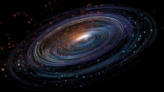 Spiral galaxy with a bright orange star in the center. The galaxy is filled with stars. clean data overlay: prediction graphs over semi-transparent floating qbit rings, quantum ai development