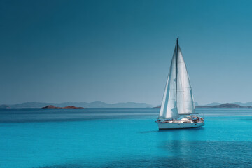 Obraz premium elegant yacht glides effortlessly across crystalclear waters under brilliant azure sky