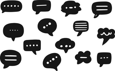 Hand-Drawn Speech Bubbles Vectors: Quirky Chat Set. A collection of unique, hand-drawn speech bubbles perfect for communication design. Black silhouettes on white.