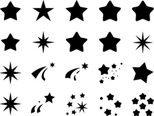 Celestial Starburst Vectors: Sparkle & Shine. A collection of stylish star icons, perfect for adding a celestial touch to your designs. Includes shooting stars and bursts.