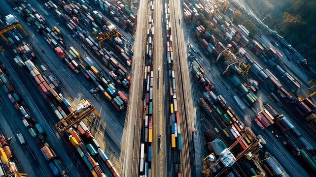 An aerial view of a vibrant logistics hub showcasing a complex network of roads railways and freight docks where vehicles of various modes converge emphasizing the synergy of multimodal