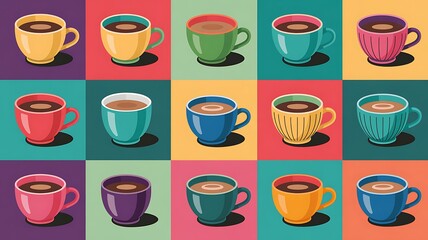 Obraz premium Vibrant Collection of Pixel Art Coffee Cups Displayed in a Pop Art Style Grid Pattern