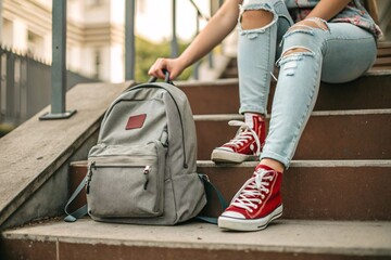 Teenager with backpack sitting on stairs, ready for school and wearing trendy jeans and Sneakers
