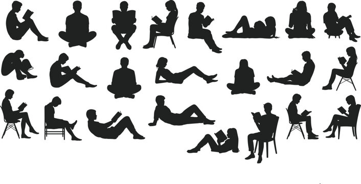 A diverse set of people reading books in various seated and reclining poses, isolated black silhouettes for education or library themes, cad drawing flat vector illustration.