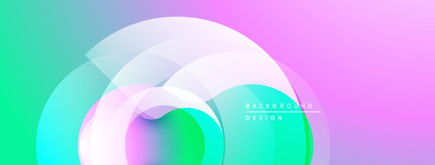 Abstract colorful background. Overlapping circles create dynamic visual effect. Gradient transitions, modern design elements present.