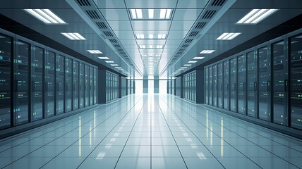 Expansive data center corridor with rows of glowing server racks illuminated by overhead lights creating a futuristic technological environment for information processing and storage operations