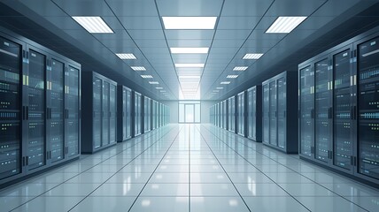 Modern data center with rows of server racks and bright lighting creating a sense of innovation and technological advancement for digital infrastructure and cloud computing solutions