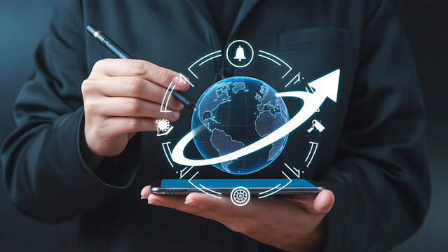 Businessman using a smartphone with a holographic globe for global business strategy and growth.