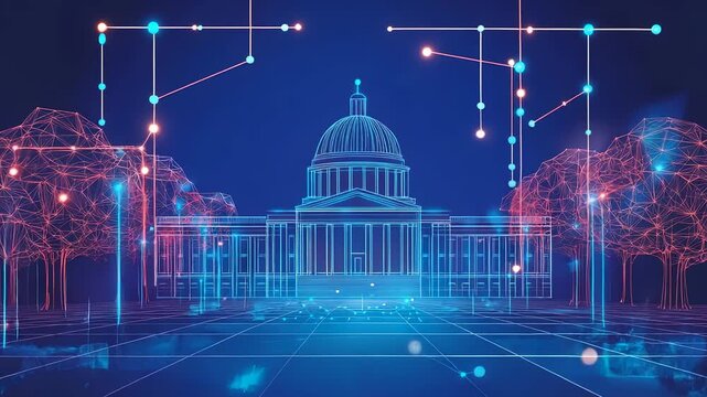 Futuristic Digital Government Building Concept with Network Connections and Geometric Trees