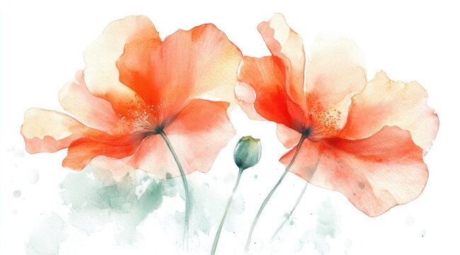 Two delicate, peach-orange poppies, watercolor style, soft focus, with subtle green splashes