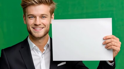 Young man with cheerful expression holds blank paper in front of green background during a casual photo session in a studio