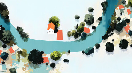 Abstract Map of Riverside Dwellings – Flat 2D Aerial Urban Landscape Illustration capturing themes of urban layout, environmental design, settlement planning