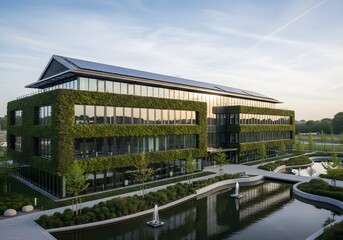 Obraz premium Modern green eco-friendly office building with solar panels, reflecting in tranquil water feature, serene evening light.