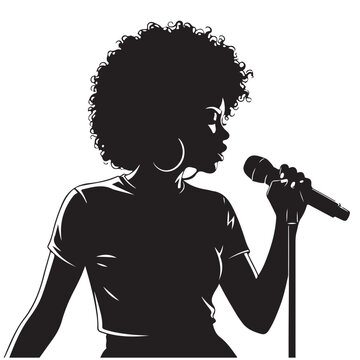 Silhouette of a woman singing into a microphone with afro hairstyle, vector illustration