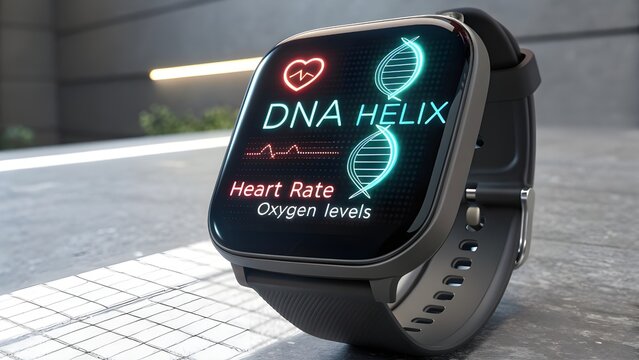 Futuristic Smartwatch with DNA Helix Projection and Neon Glyphs Showing Real-Time Heart Rate and Oxygen Stats – Advanced Wearable Health Technology Concept - Powered by Adobe