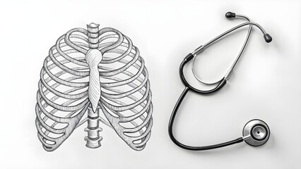 Monochrome Sketch of a Stethoscope Shaped Like Human Ribcage – Symbolic Anatomy Art Representing Medicine and Heart Health
